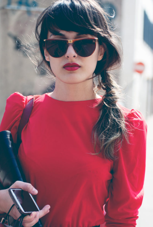 beautiful model with beautiful red full lips and red dress