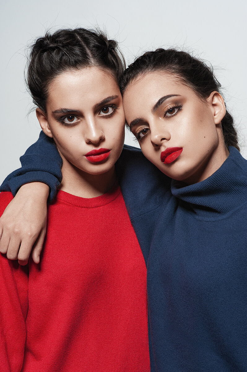 awesome twin sister wearing blue and red shirts